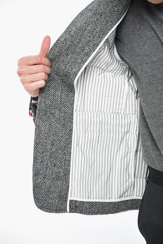 Padded Herringbone Blazer with Three-tone Leather Detail