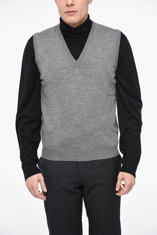 Virgin Wool Jacquard Waistcoat with V-Neck