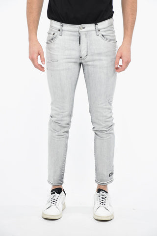 Distressed SKATER Denims with Logo Print at The Hem 16cm