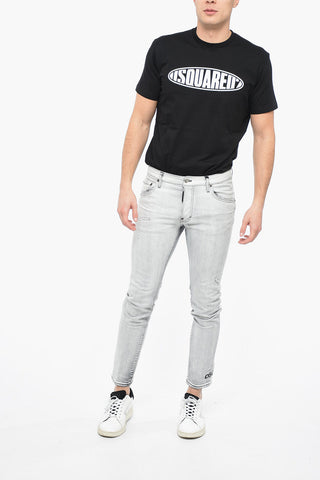 Distressed SKATER Denims with Logo Print at The Hem 16cm