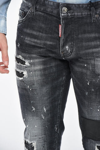 Slim Fit Distressed Denims with Leather Patches 17cm