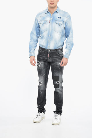 Slim Fit Distressed Denims with Leather Patches 17cm