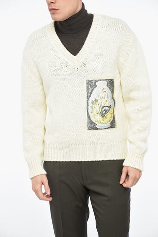 V Neck Wool Pullover with Embroidery