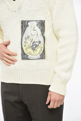 V Neck Wool Pullover with Embroidery