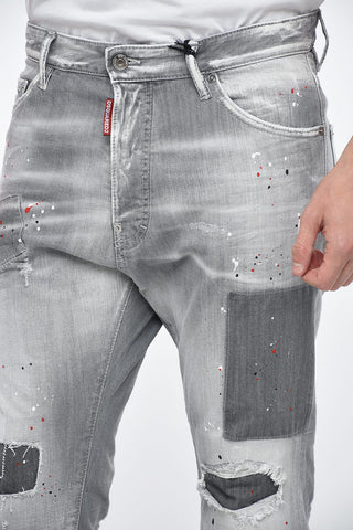SURF & FUN Distressed RELAX LONG CROTCH Denims with Paint Splatters Motif 16cm