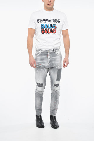 SURF & FUN Distressed RELAX LONG CROTCH Denims with Paint Splatters Motif 16cm