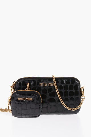 Crocodile Effect Leather Mini Bag with Golden Chain and Removable Pouch