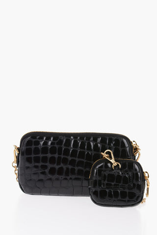 Crocodile Effect Leather Mini Bag with Golden Chain and Removable Pouch