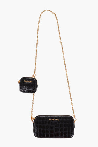 Crocodile Effect Leather Mini Bag with Golden Chain and Removable Pouch