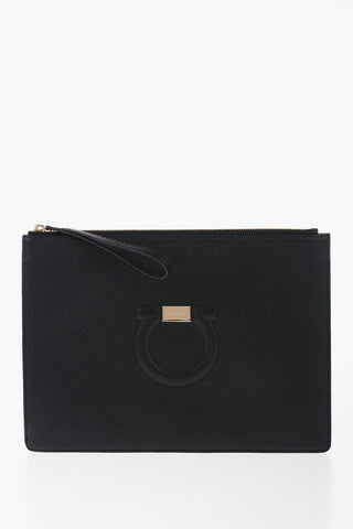 Textured Leather Maxi Clutch With Golden Tag