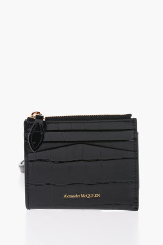 Crocodile Effect Leathe Wrist Card Case with Golden Details