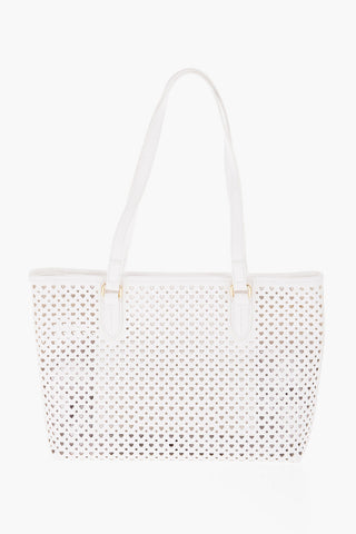 LOVE Faux Leather Tote Bag With  All-Over Heart Shaped Openwork