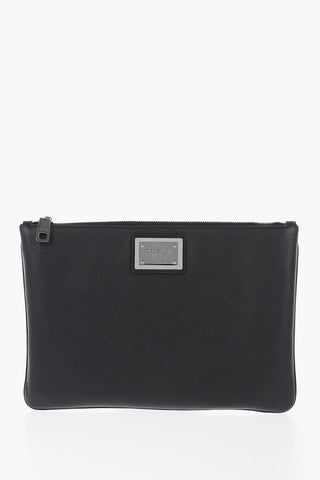 Solid Color Leather and Fabric Clutch with Metal Detail