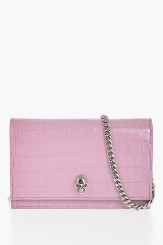 Crocodile Effect Leather Shoulder Bag with Central Skull