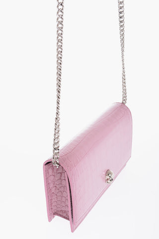 Crocodile Effect Leather Shoulder Bag with Central Skull