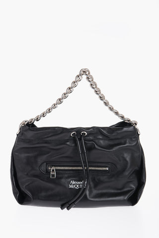 Leather Shoulder Bag with Silver Chain