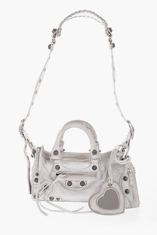 Textured Leather Mini Bowler Bag with Studs and Mirror