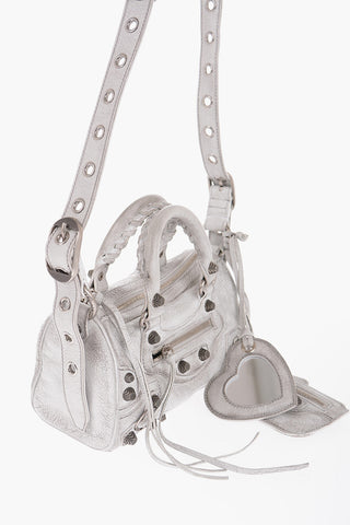 Textured Leather Mini Bowler Bag with Studs and Mirror