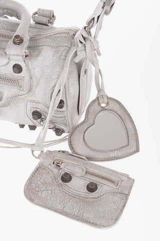 Textured Leather Mini Bowler Bag with Studs and Mirror