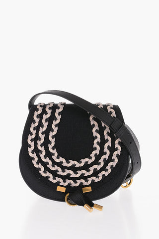 Textured Leather Mini Saddle Bag with Linen Details