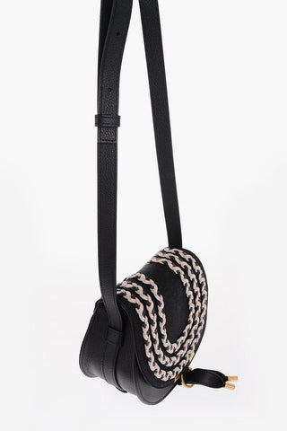Textured Leather Mini Saddle Bag with Linen Details