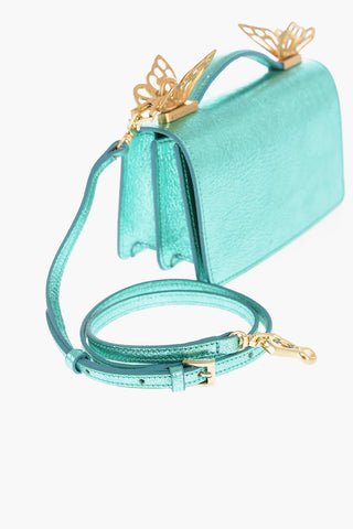 Metallic Leather Mini Shoulder Bag with Decorative Butterfly