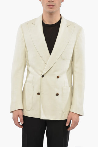 Silk and Cashmere Blend Double Breasted Blazer with Peak Lapel