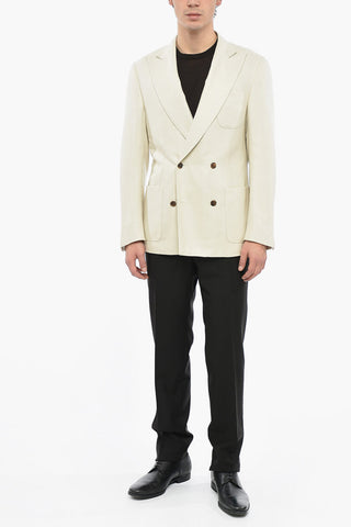 Silk and Cashmere Blend Double Breasted Blazer with Peak Lapel