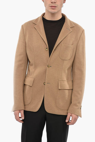 Camel Wool Unlined Blazer with Flap Pockets
