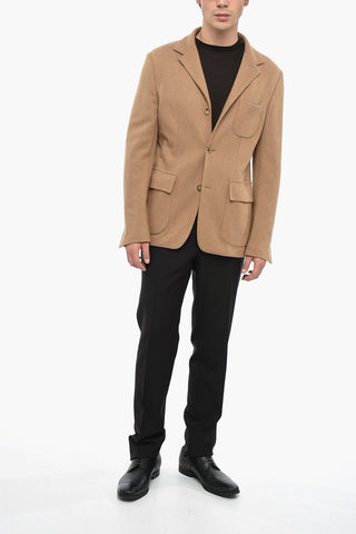 Camel Wool Unlined Blazer with Flap Pockets