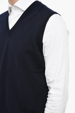 Virgin Wool Jacquard Waistcoat with V-Neck