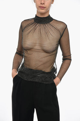 Long Sleeved Glittered Mesh Top With Ribbon Collar