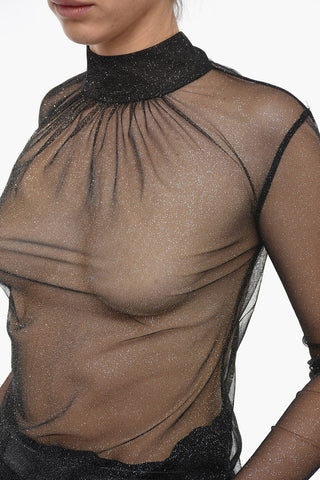 Long Sleeved Glittered Mesh Top With Ribbon Collar