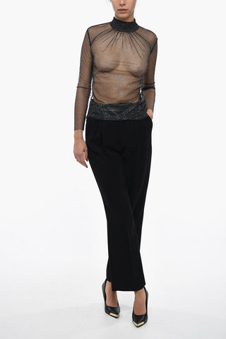 Long Sleeved Glittered Mesh Top With Ribbon Collar