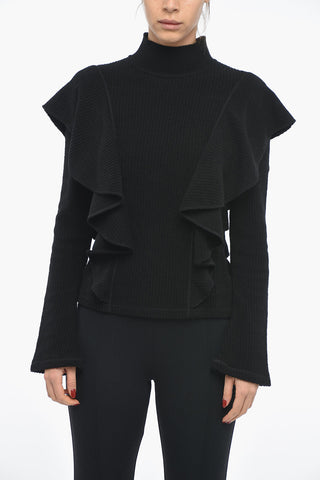 Ribbed Virgin Wool Turtleneck Sweater with Ruffles