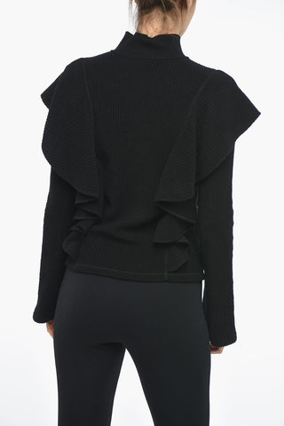 Ribbed Virgin Wool Turtleneck Sweater with Ruffles