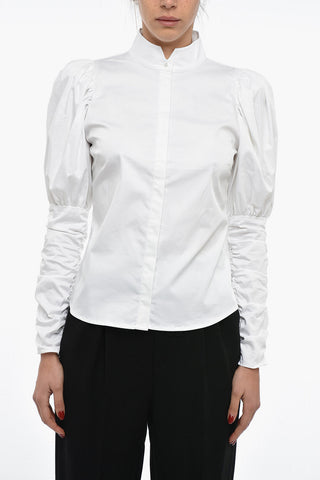 Ruched Sleeves Shirt With Korean Neck