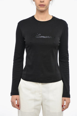 T-shirt a Manica Lunga con Logo in Strass