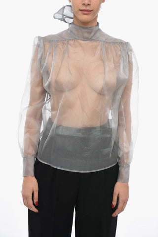 Blusa Sheer A Maniche Lunghe Con Collo A Fiocco