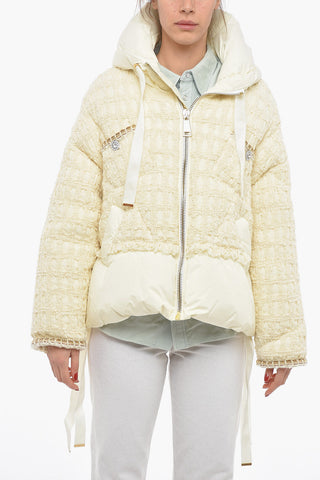 Hooded Tweed Down Jacket Embelished With Rhinestones