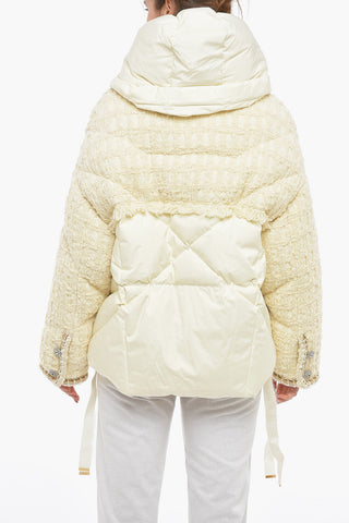 Hooded Tweed Down Jacket Embelished With Rhinestones
