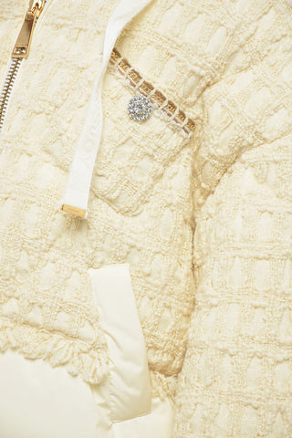 Hooded Tweed Down Jacket Embelished With Rhinestones