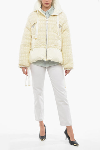 Hooded Tweed Down Jacket Embelished With Rhinestones