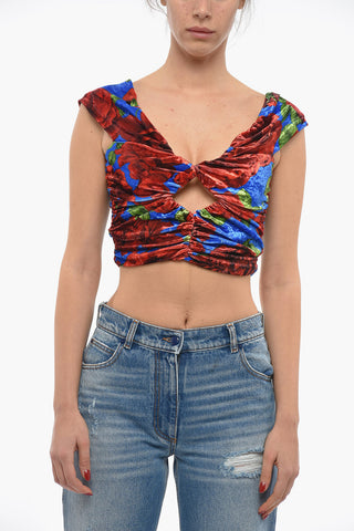 Top Crop in Velour a Fantasia Floreale con Dettaglio Cut-Out