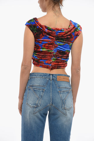 Top Crop in Velour a Fantasia Floreale con Dettaglio Cut-Out
