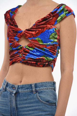 Top Crop in Velour a Fantasia Floreale con Dettaglio Cut-Out
