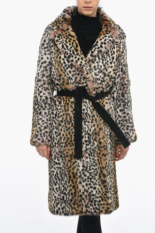 METEO Cappotto in Vera Pelliccia a Fantasia Animalier con Cintura
