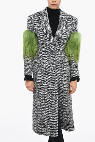 Herringbone Wool Blend Coat with Fur Details
