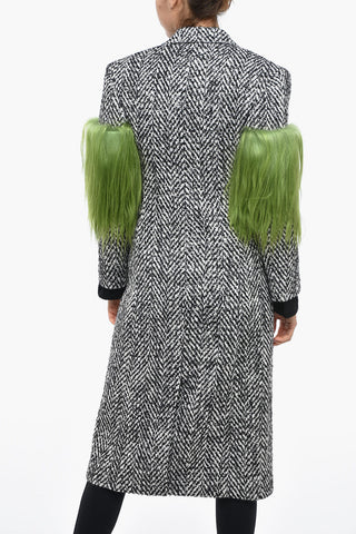Herringbone Wool Blend Coat with Fur Details