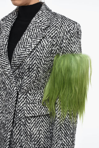 Herringbone Wool Blend Coat with Fur Details